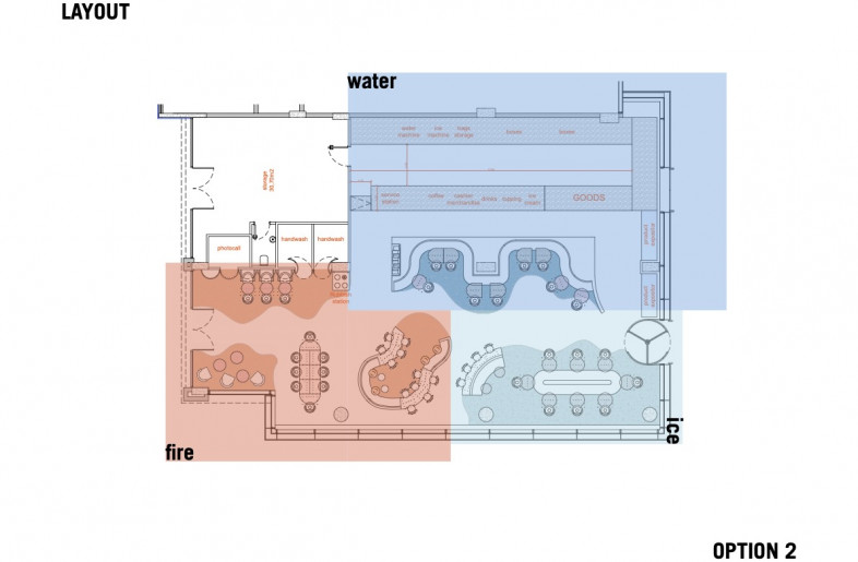 Representation of each zone, seating and flow through the space - Masquespacio