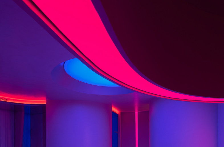 The light system can be programmed with shades of blue, red, and purple, changing the atmosphere at different times of day or night. - Courtesy of Godot Design