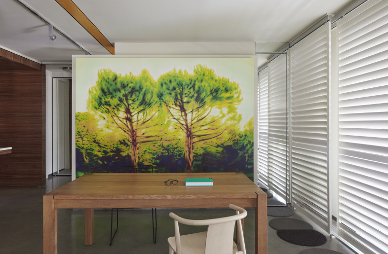 Louvers and colour stripe visually continuous throughout space. - James Brittain Photography