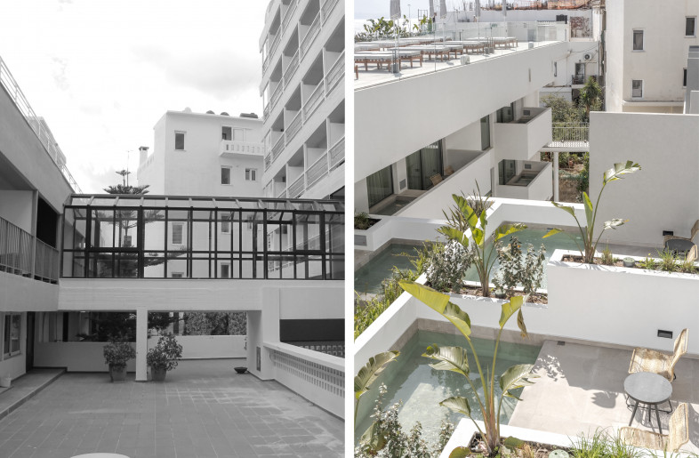 An uninspiring sunken terrace has been transformed into a series of interlocking private terraces with plunge pools and lush planting. - 3XN and Rasmus Hjortshøj