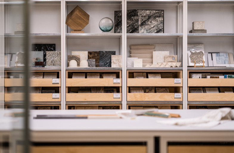 The library houses an extensive archive of textural resources, built with a custom work bench and categorized cabinets to enhance accessibility. - Kenneth Chao