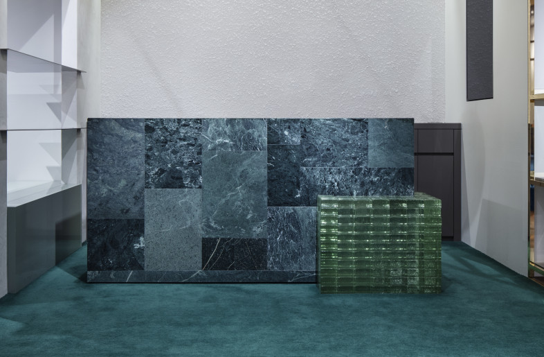 Green marble patchwork and recycled glass block checkout counter - KENTA HASEGAWA
