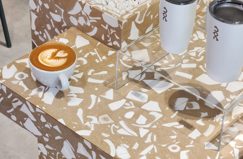 Regenerated ceramic coffee cup fragments mixed with terrazzo. - AS Design