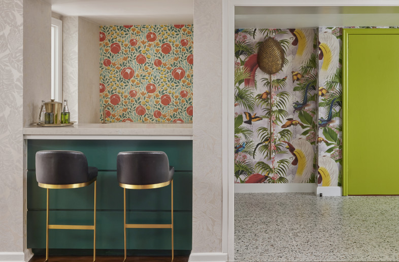 Bright contrasting wallcoverings create both a fun and picturesque environment in guestrooms. - Mike Schwartz