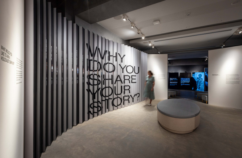 Lenticular with large graphic and images on one side, and specific stories on the other - Sydney Jewish Museum