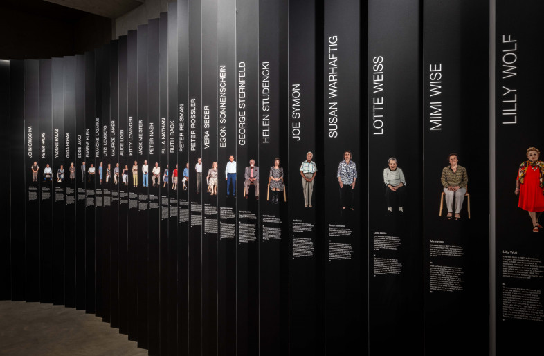 Lenticular with large graphic and images on one side, and specific stories on the other - Sydney Jewish Museum