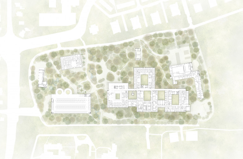 The hospital has six patios and is carefully embedded in the wooded environment - Wiegerinck