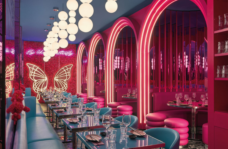 Tako is a colorful dream played out in macro-proportions. Butterflies, flowers,populate an environment where food and design blend together to bring to life an emotional, timeless and ageless experience. - Matteo Piazza
