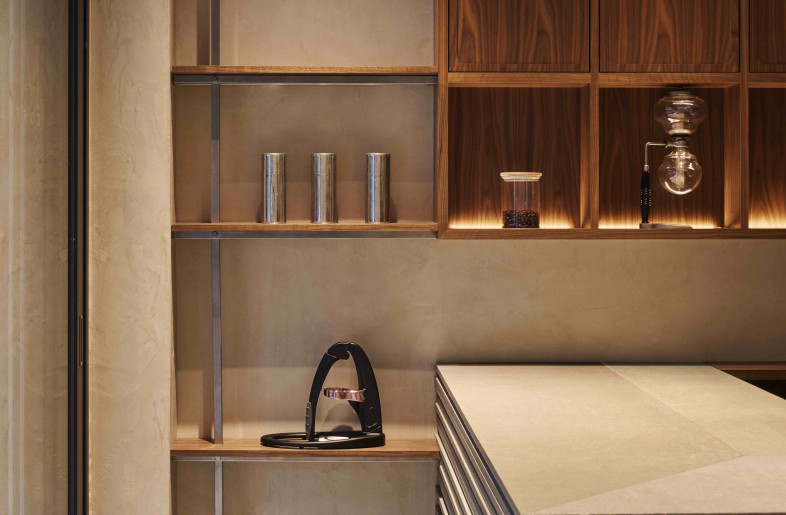 A shelf designed after the through-shelves found in Japanese tea rooms. Create a gap in a space with a sense of weight to display the product. - KEI OHNAKA
