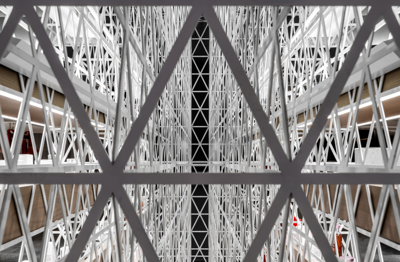 Grid Details　 Soft lighting creates shadows on the fine lines that overlap in multiple layers, showing the delicate impression of the space. - Shanghai Sizhu Photography Ltd.