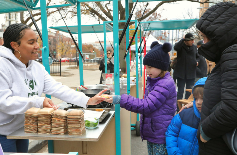 The cook stall has a power hookup for a hot plate and a flip-up mirror for cooking demonstrations. - Liz Gorman
