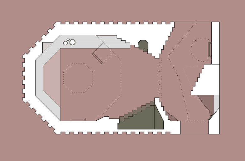 The octagonal design of the floor plan of the shelter itself is later replicated in the design of the table lamps. - WANNA