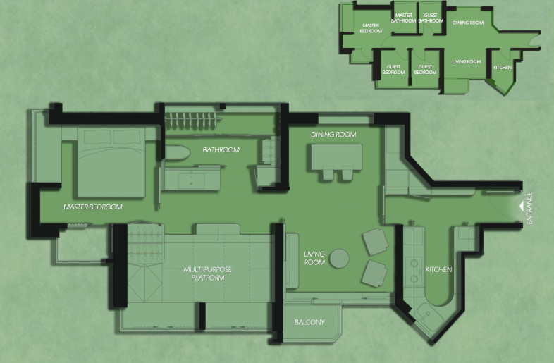 The house is divided into five layered zones, each serving a specific purpose - a cooking area seamlessly connected to the living and dining area, a versatile multi-function space, a serene bedroom area, and an enlarged bathroom. Space-saving sliding doors offer convenient compartmentalization or an open flow between rooms. - Clifton Leung Design Workshop