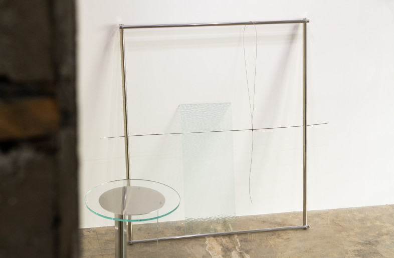 Hungry Scissors '24 1 25 11AM,  Glass leg table that I created. - Tadamasa Iguchi