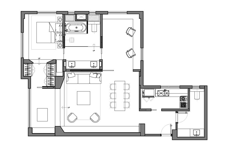 Gut renovation. Open floor plan with a looping path as primary focus. - Lim + Lu