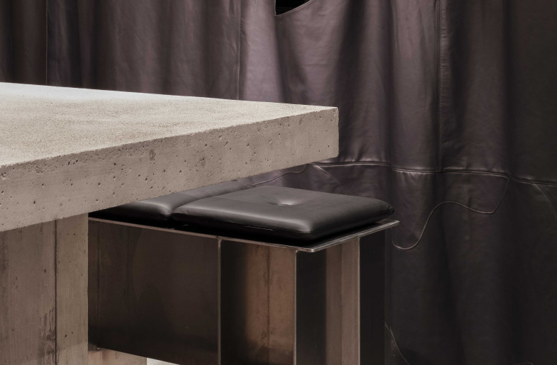 polished and sealed concrete, untreated aluminum, black leather - Kim Fohmann