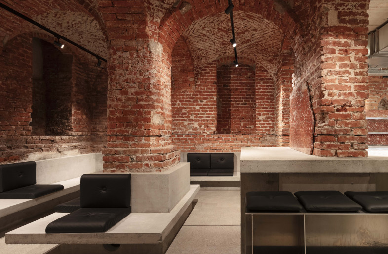 historic brick, black 3-phase rail, polished and sealed concrete, red marble, untreated aluminum, black leather - Kim Fohmann