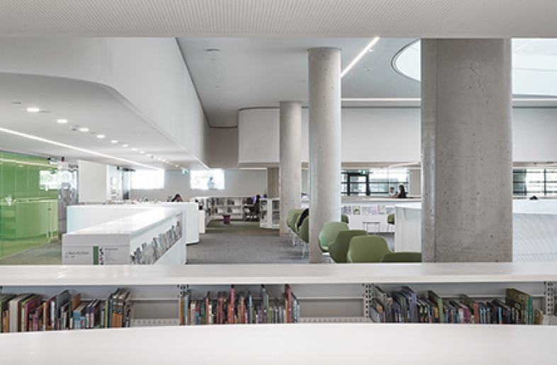The children’s area is distinguished from the rest of the first floor by a lowered acoustic ceiling volume, making the space acoustically dampened, and more appropriately scaled and intimate for the young users. - Tom Arban