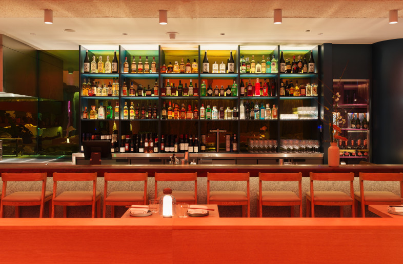 Pink sake room and bar with neon lighting - Steven Woodburn