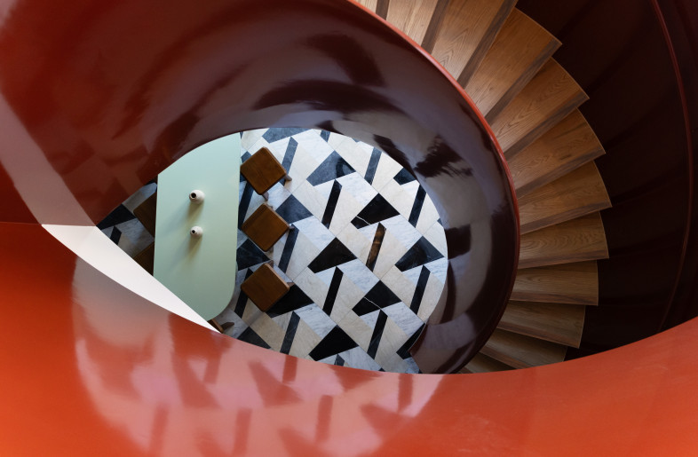 Venetian red spiral stair - aerial view - Alec Bruce-Mason