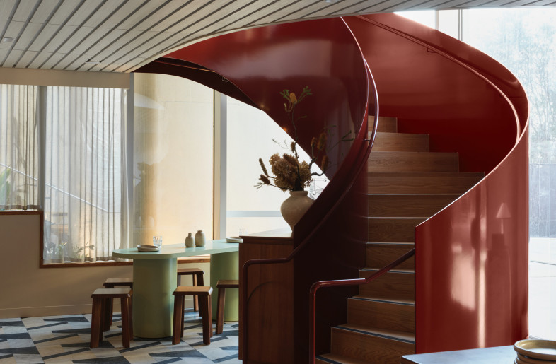 Venetian red spiral stair – geometric flooring and furniture - Steven Woodburn