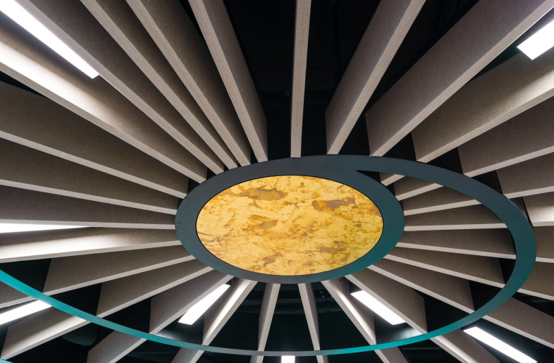 2 - Close-up of dramatic ceiling feature with metallic-finish circle at its centre - Andrew Smith at SG Photography