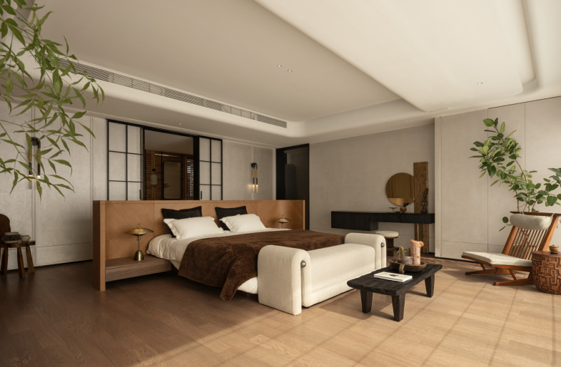 The master bedroom is expanded by removing partitions. This not only frees up physical space but also creates a more psychologically relaxing living atmosphere. - Master bedroom