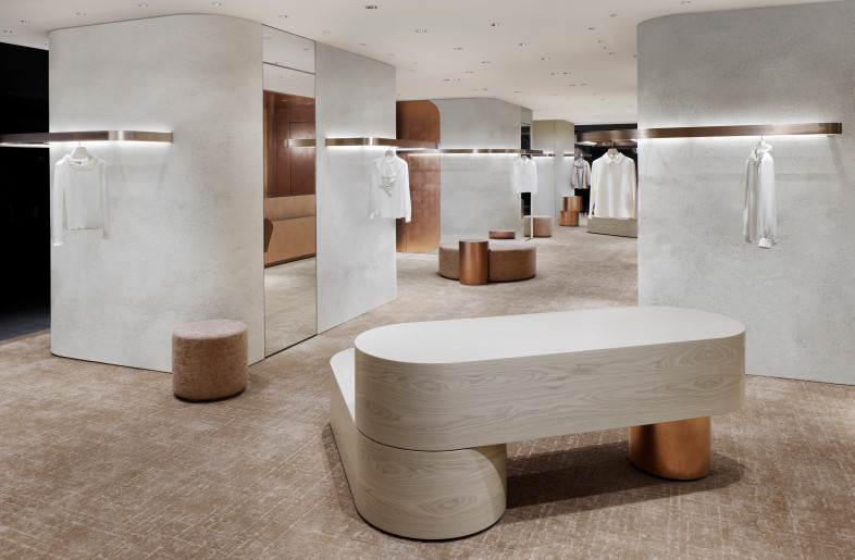 Customers would enjoy browsing through the collections between the monolithic furniture as if walking through a stone garden. - SATOSHI SHIGETA