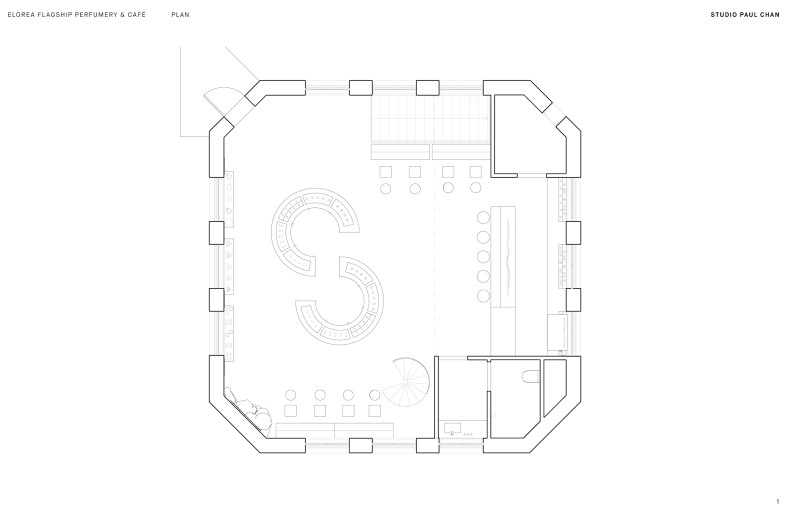 An architectural floor plan of Elorea’s flagship perfumery and café in Los Angeles, showing a sculptural S-shaped central display, spiral staircase, café bar, and built-in seating along the perimeter. - Studio Paul Chan