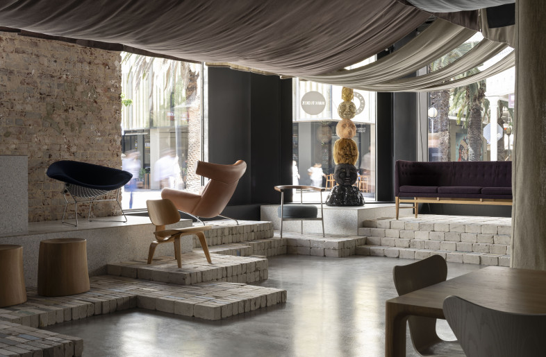 Salvaged brick platforms, saveBOARD display plinths. and drapery - Dion Robeson