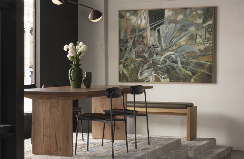 Salvaged brick platform with Mark Tuckey furniture and Artbank artwork - Dion Robeson