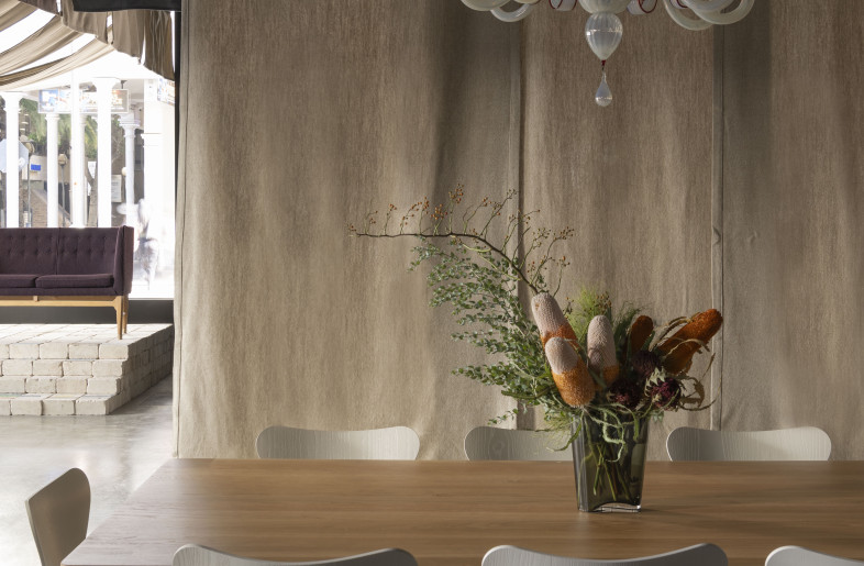 Drapery, refurbished chandelier (for sale), Cultivated product. Salvaged brick plinth, - Dion Robeson