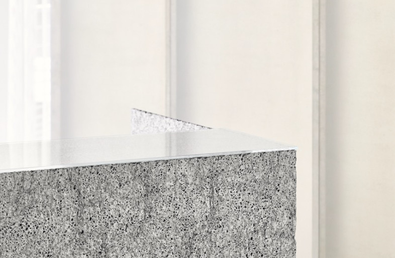 The structured yet clean appearance as well as the defined proportions of the counter add depth to the room while complimenting the minimalist design of the practice. - Daniel Schäfer
