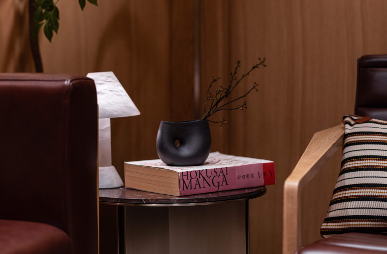 Made to order stainless and burgundy rue marble side table; Alabaster table light. - Dennis Lo
