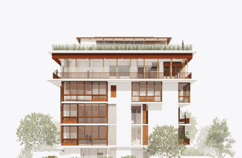 Timber lattices veil the facade, ensuring privacy, filtering sunlight, enhancing airflow, creating a dynamic, climate-responsive sanctuary - Illustration by SJK Architects