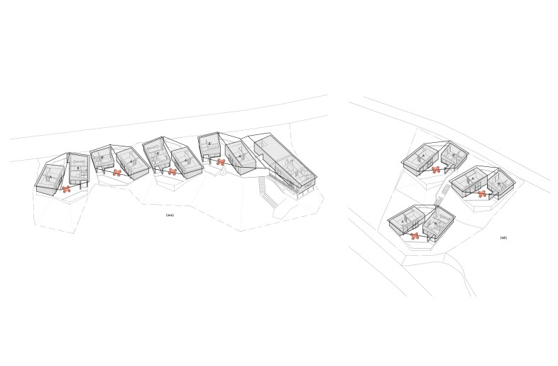 There are two sites, one on the sea side and one on the hill side, and each unit has been adjusted to suit the shape of both sites. - Schemata Architects