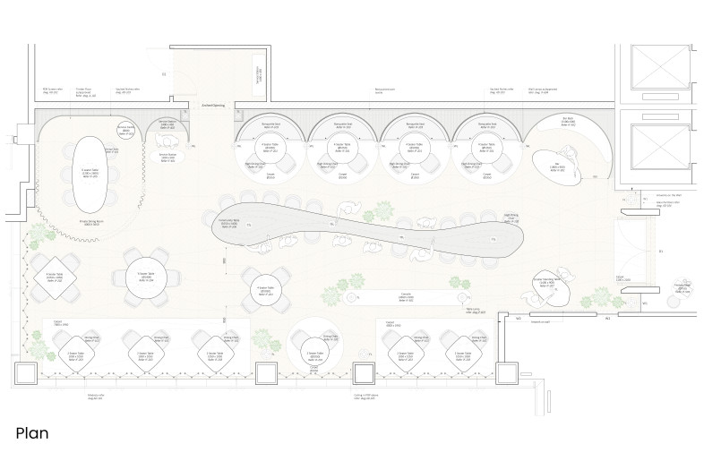A sculptural centrepiece and communal table with pod-like light fixtures emerging from its surface anchors the layout while creating a luminous, dynamic focal point. The table acts as a spatial pause, ensuring all seating areas, including the arched dining pods and a private dining room, are equally inviting. - Architecture Discipline