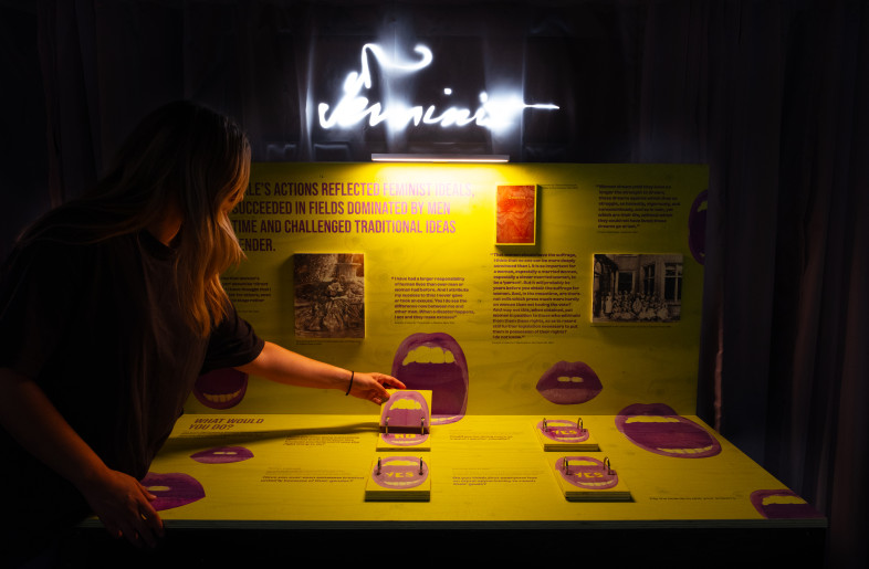 A visitor engages with a ‘moral questions’ interactive. The panel features real images of Nightingale alongside a copy of her novel, Cassandra. - Angus MacKinnon