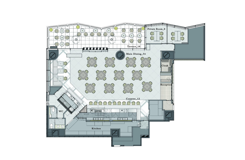 The interior comprises 54 dining seats, 12 counter seats, and two private rooms for four guests each. The dining tables are modular and can be reconfigured into rectangular shapes to accommodate larger groups, allowing for flexible use of the space. Large window openings bring in abundant natural light, while the open atmosphere from the terrace further enhances the overall spatial experience. - MONO-GRAPH