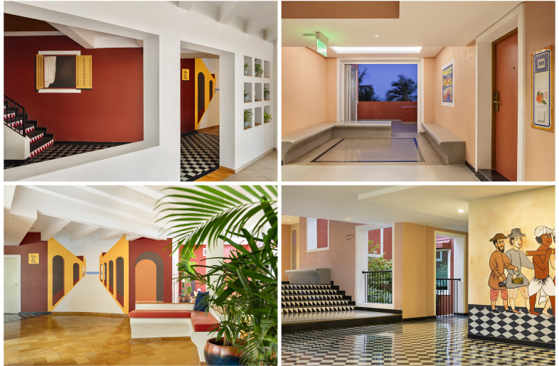 Various images of circualtion corridors at the Rue De Sol- which emanates from the public areas and leads to the rooms. An intersting amalgamation of murals and views & checkered flooring guide the guest. - Andre Fanthome (Studio Noughts and Crosses)