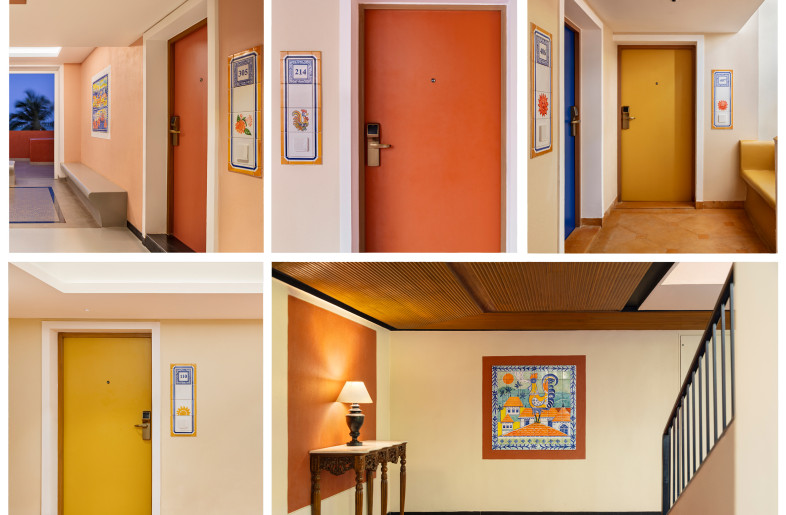 For every guest room, a custom number plate is designed with the corresponding motif, hand-painted onto baked ceramic tiles. Distinct epoxy terrazzo flooring colors and wall paint finishes give each level its distinct identity. - Andre Fanthome (Studio Noughts and Crosses)