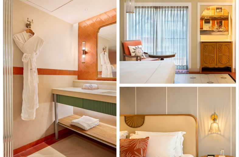 Details of the standard king room with a sun of cidade motif cushion, vintage inspiired bedside light, carved sun motif on the headboard and amenity unit, an art work visible through a window like cut out. - Andre Fanthome (Studio Noughts and Crosses)
