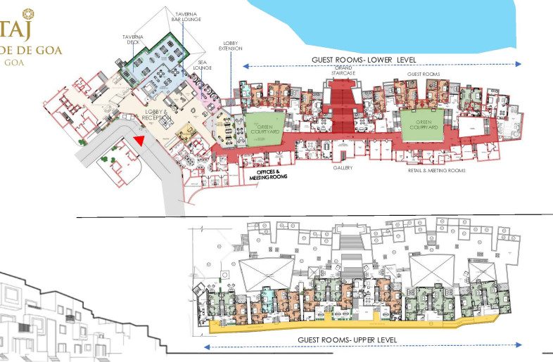 A layout plan showing the public area, the main street in red leading out the beach, and the rooms on either side of it at various levels. - Studio IV Designs