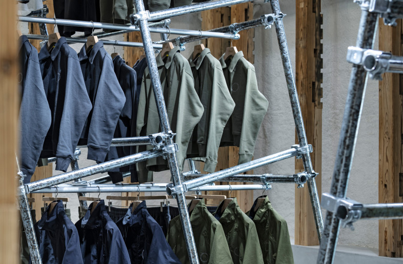 At T-House New Balance—New Balance’s concept store—we designed a triple-tiered garment rack that utilized the space’s full ceiling height. It was conceived to have a strong presence as an installation. - Kenta Hasegawa
