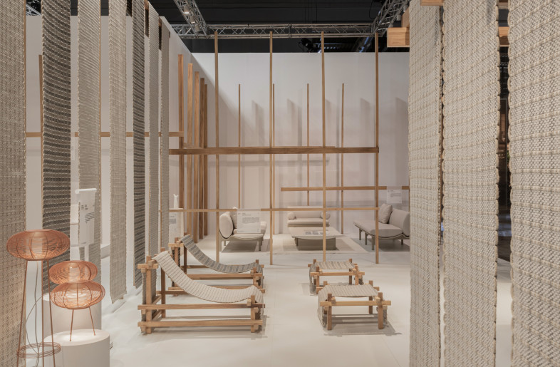 Inside view of Gandia Blasco Group Salone del Mobile '25 Booth designed by Kenko Kuma, Aria Lamps (By Mayice), Hos By Kengo Kuma - Patricia Parinejad