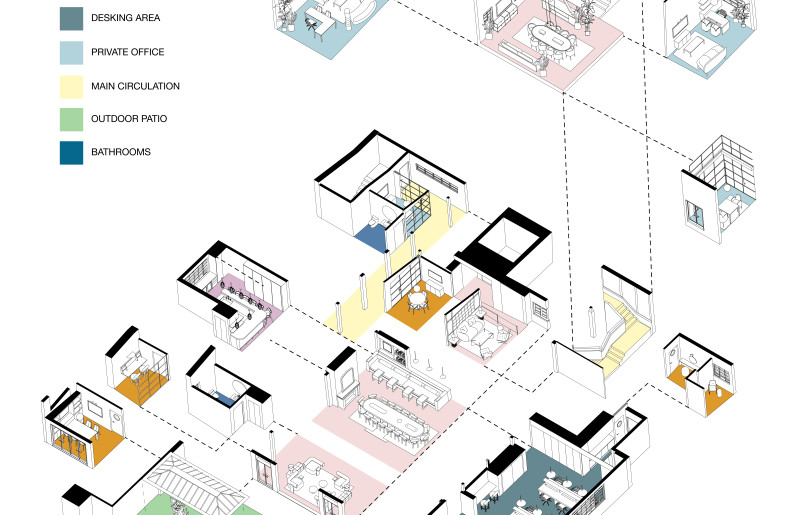 Exploded Axon of Programmatic Spaces - HUXHUX Design Inc.