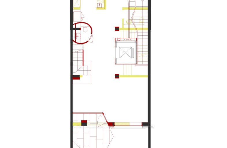 Ground Floor Plan (with yellow indicates demolition, red indicates new) - STUDIO FSJ