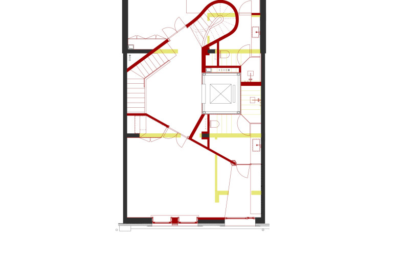 1st Floor Plan (with yellow indicates demolition, red indicates new) - STUDIO FSJ