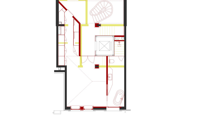 Top Floor Plan (with yellow indicates demolition, red indicates new) - STUDIO FSJ