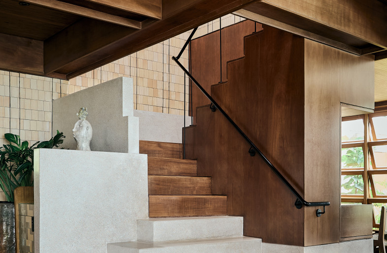 Staircase with terrazzo finished platform and wooden steps to upper floor - Pichan Sujaritsatit